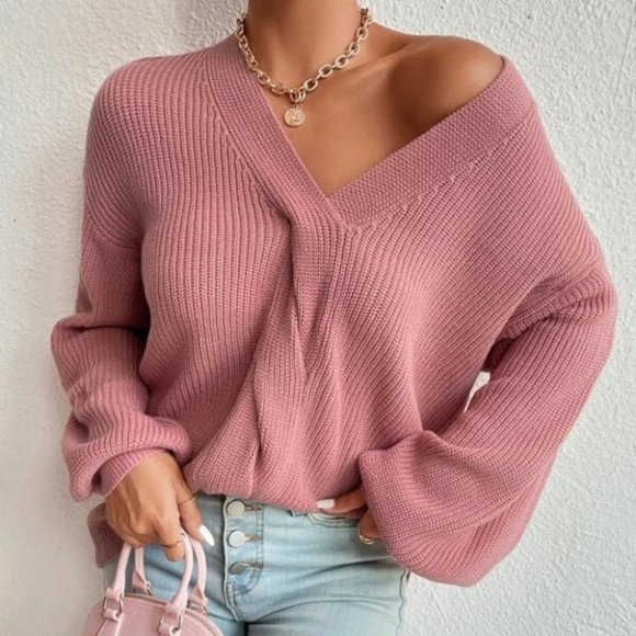Cozy Split Hem weave detail vneck Sweater Fall Winter Pink - Picture 1 of 6